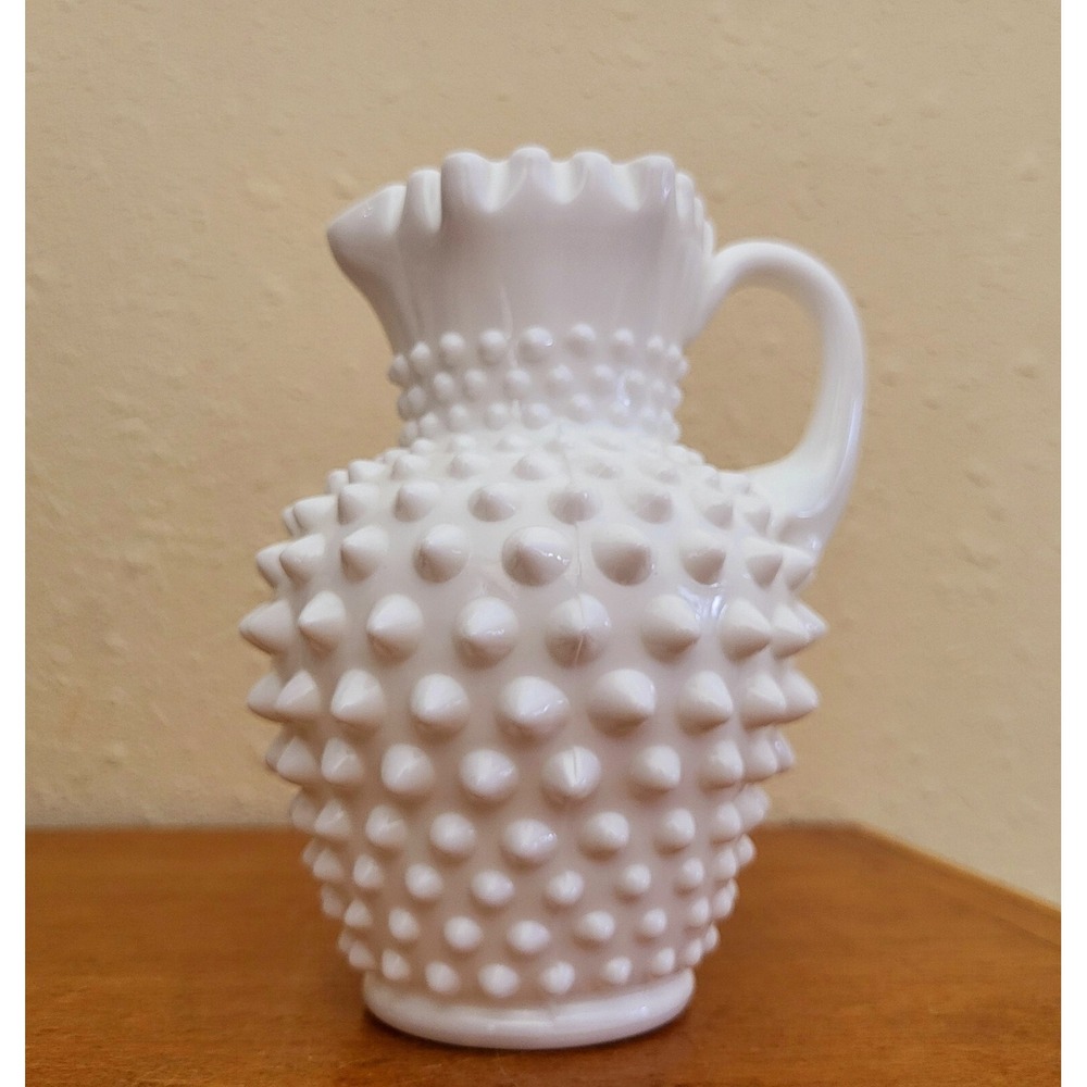 Vintage Crimped‎ Ruffled Fenton Milk Glass Hobnail Pitcher Creamer 5.25" Tall